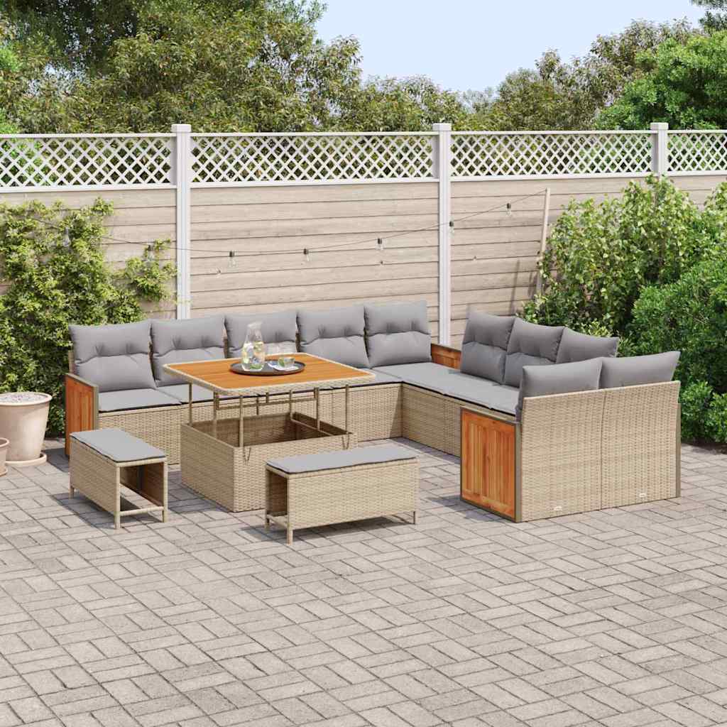 Gartensofa-set mit Kissen 17 pcs Beige und Hellgrau Poly-Rattan