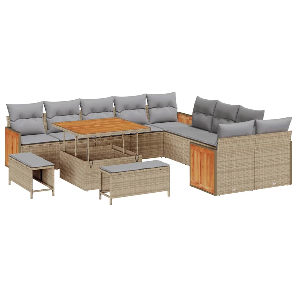 Gartensofa-set mit Kissen 17 pcs Beige und Hellgrau Poly-Rattan