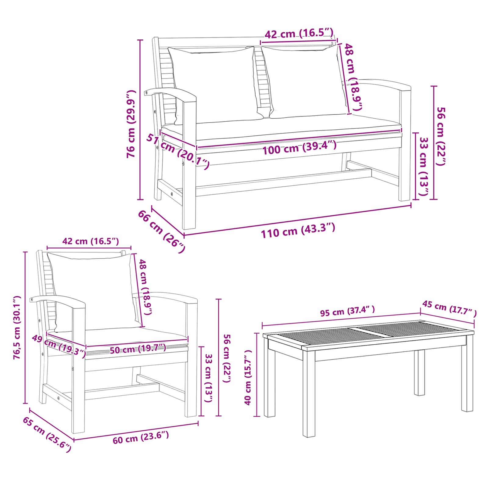 Gartensofa-set 4 pcs Natur Massivholz Teak