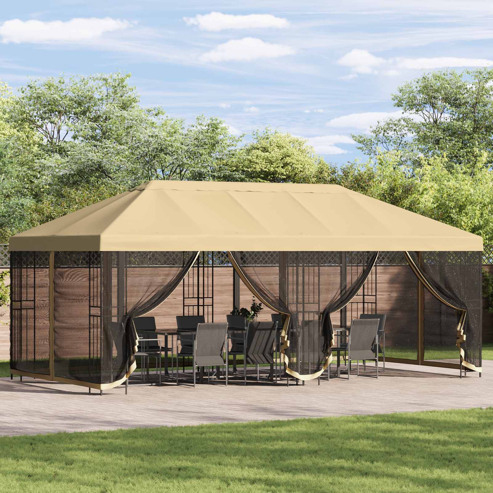 Pavillon mit Seitenwänden 6 x 3 m Creme Polyester und Stahl 190