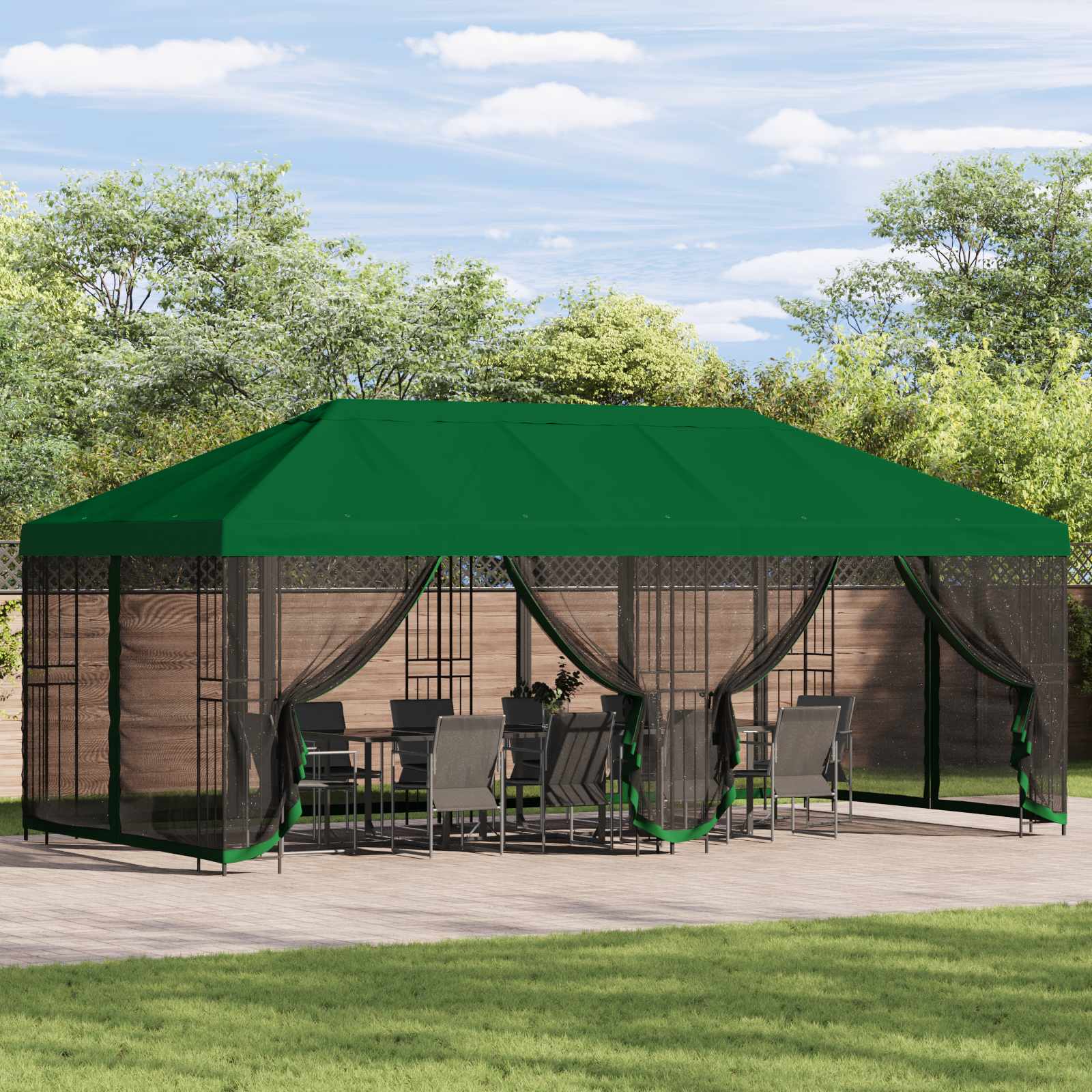 Pavillon mit Seitenwänden 6 x 3 m Grün Polyester und Stahl 190