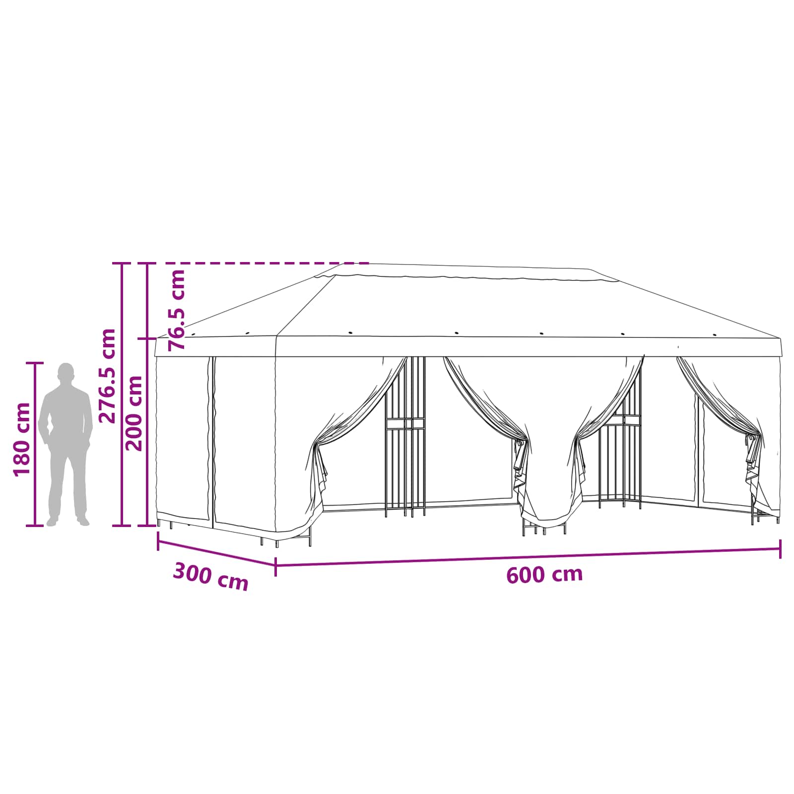 Pavillon mit Seitenwänden 6 x 3 m Blau Polyester und Stahl 190