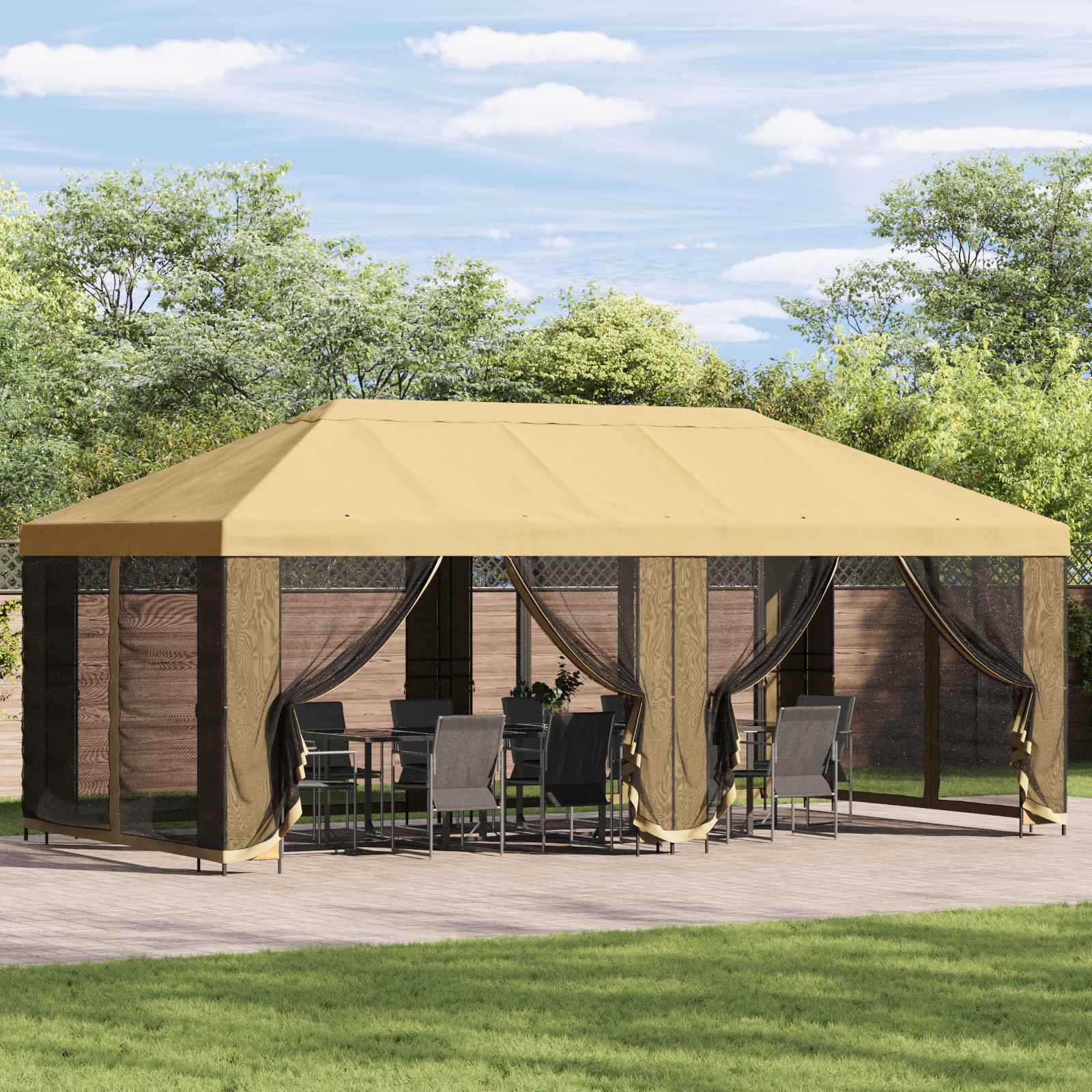 Pavillon mit Seitenwänden 6 x 3 m Creme Polyester und Stahl 190