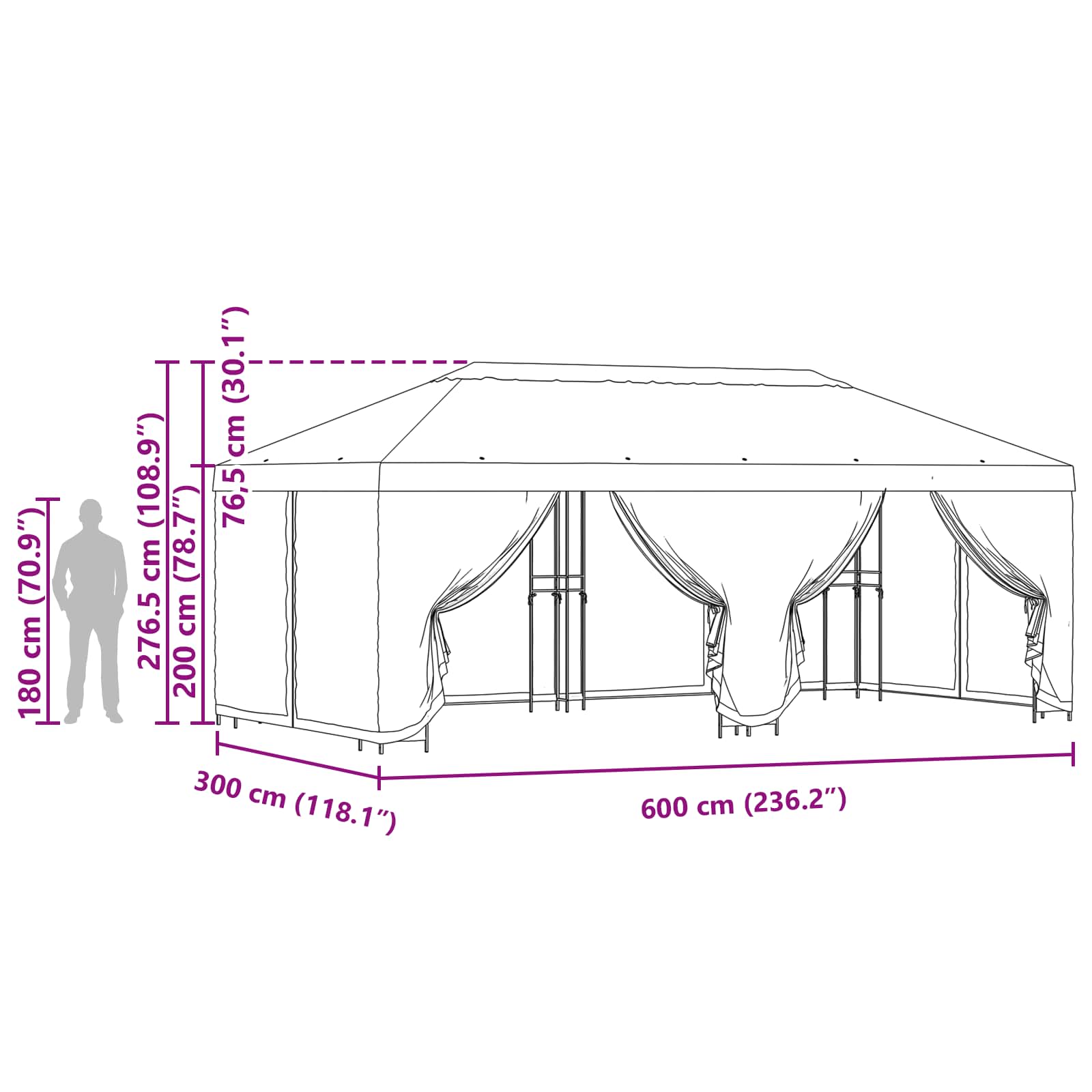 Pavillon mit Seitenwänden 6 x 3 m Grün Polyester und Stahl 190