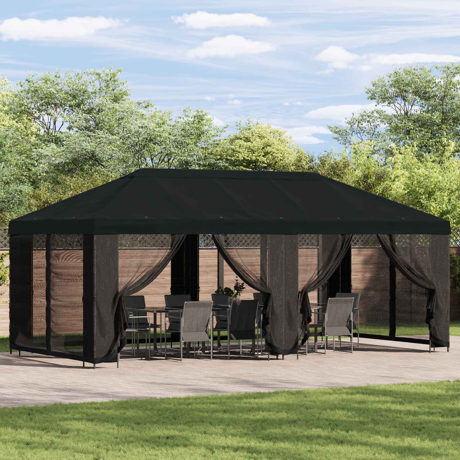 Pavillon mit Seitenwänden 6 x 3 m Schwarz Polyester und Stahl