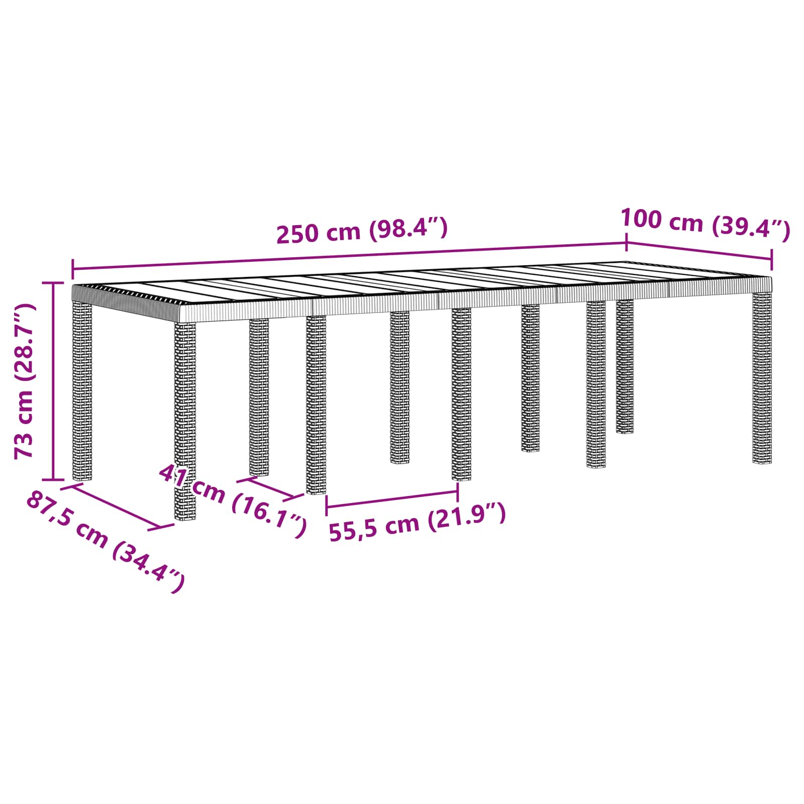 Gartentisch Anthrazit 250 x 100 x 73 cm Poly-Rattan