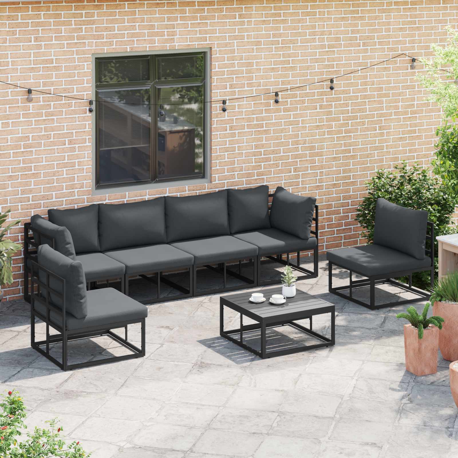 Gartensofa-set mit Kissen 6 pcs Schwarz Aluminium