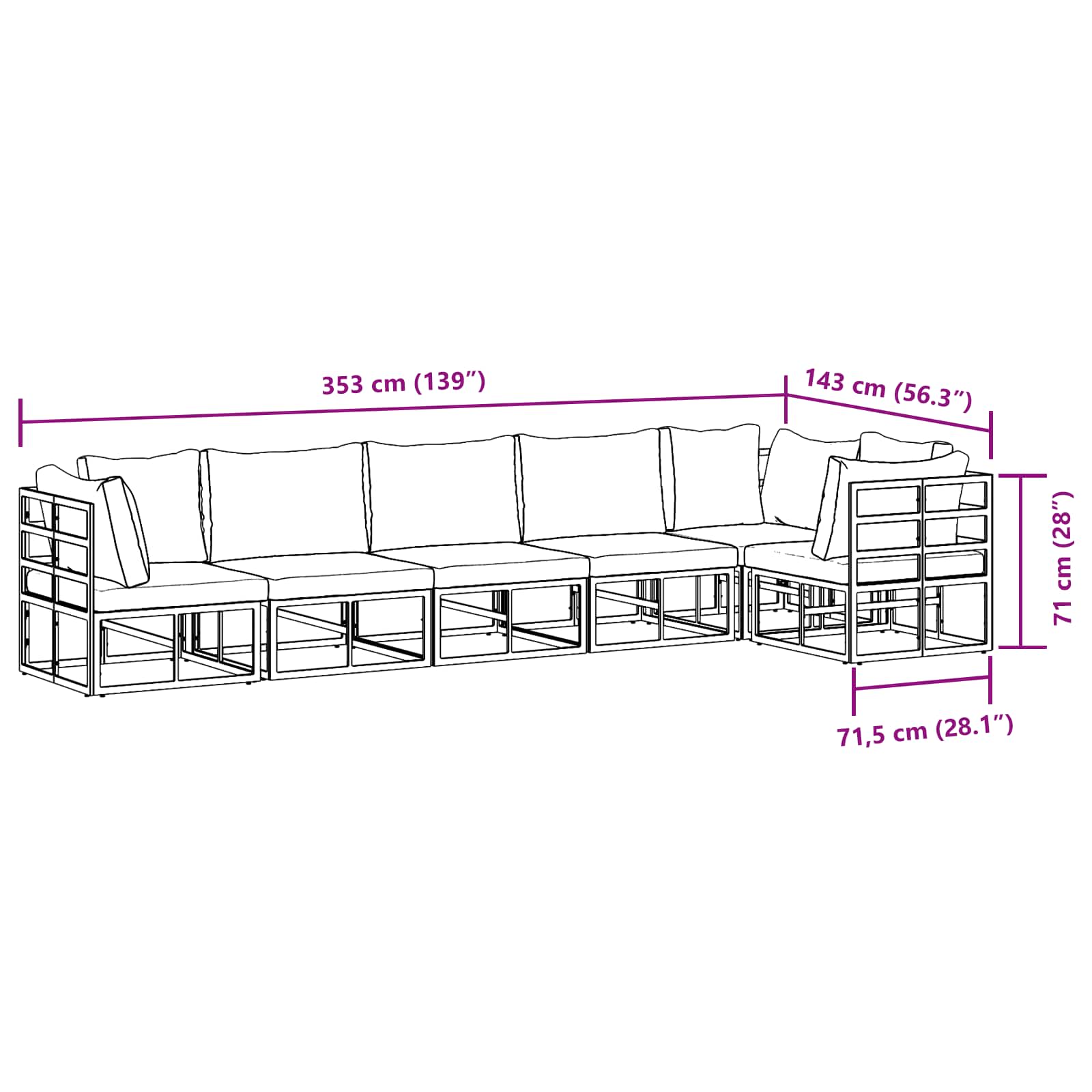 Gartensofa-set mit Kissen 6 pcs Schwarz Aluminium
