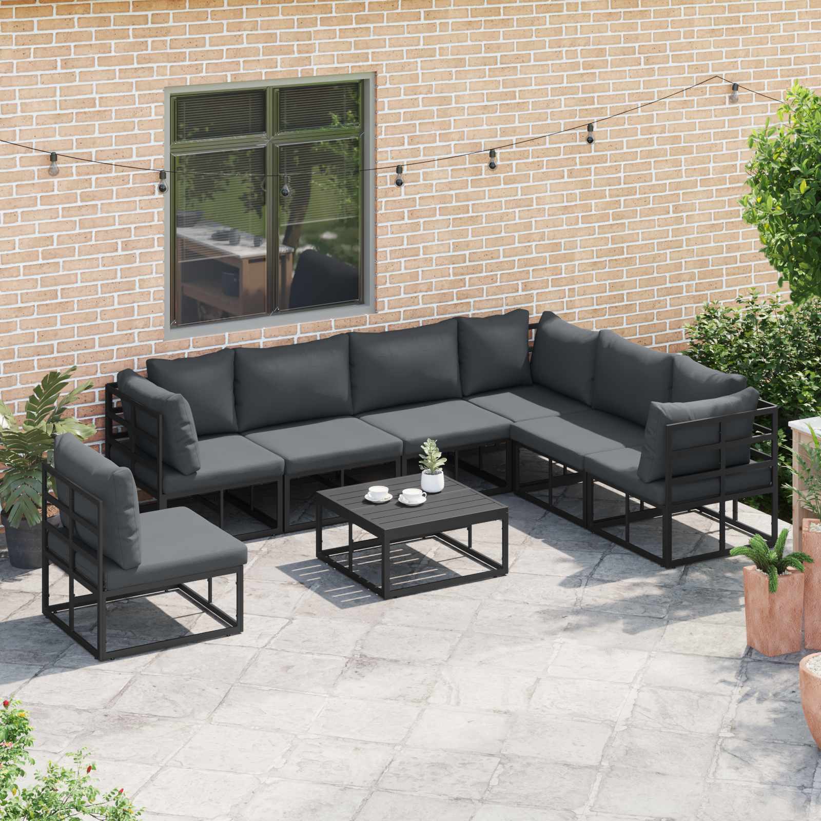 Gartensofa-set mit Kissen 8 pcs Schwarz Aluminium