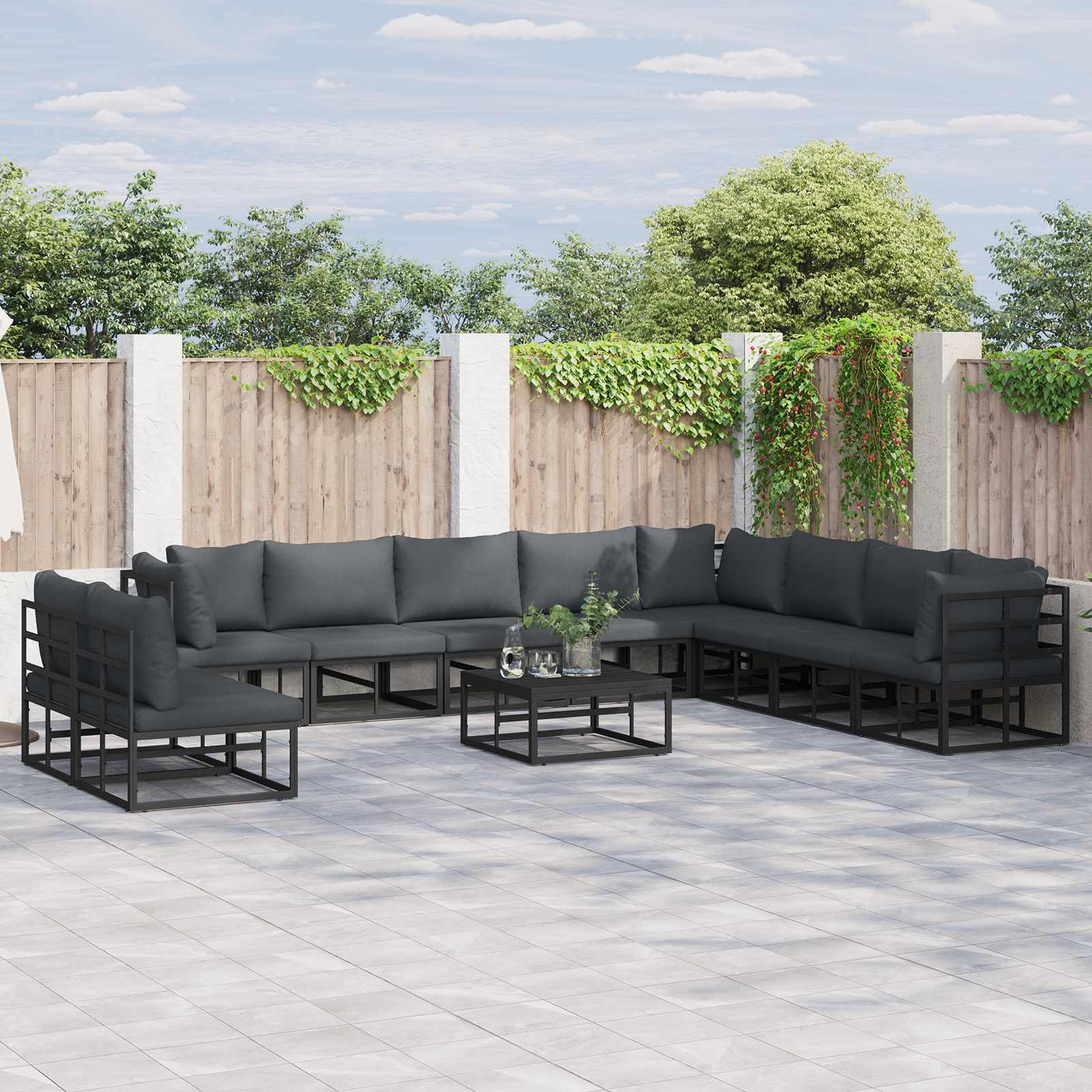 Gartensofa-set mit Kissen 10 pcs Schwarz Aluminium