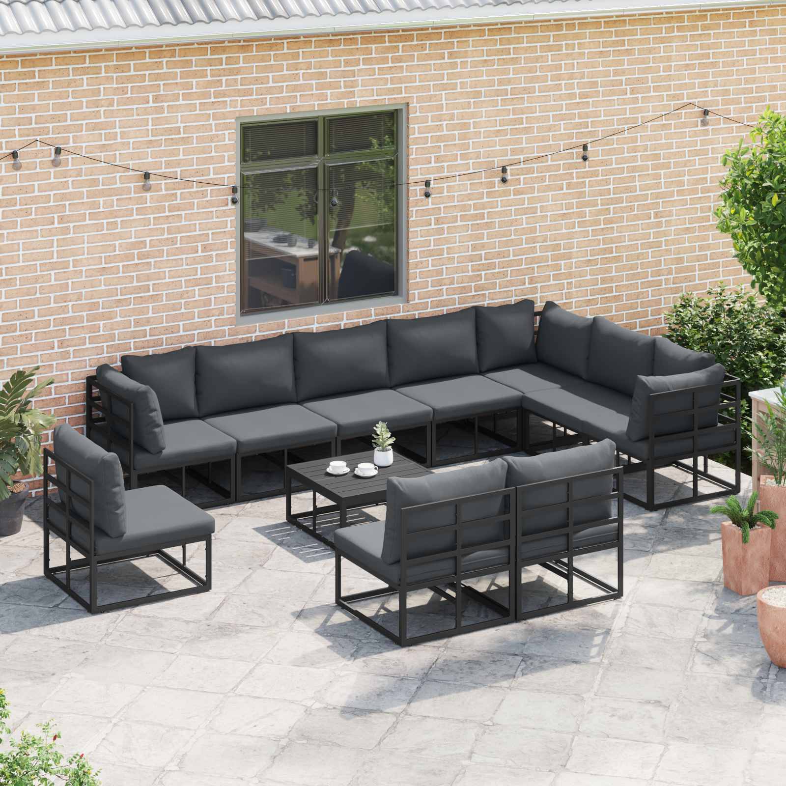 Gartensofa-set mit Kissen 10 pcs Schwarz Aluminium