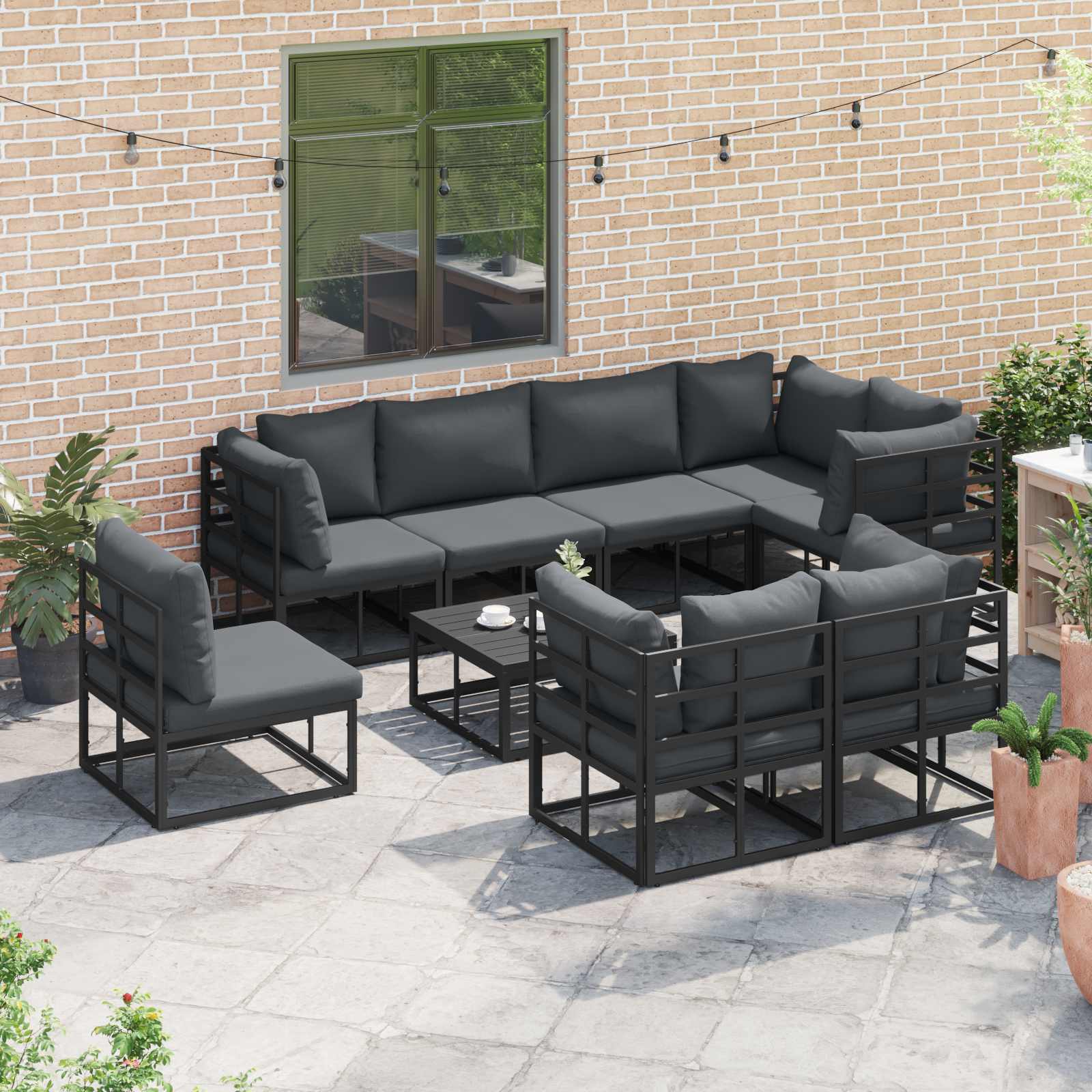 Gartensofa-set mit Kissen 9 pcs Schwarz Aluminium