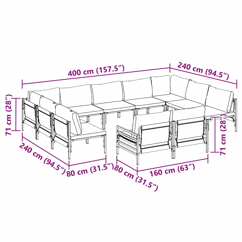 Gartensofa-set mit Kissen 11 pcs Schwarz Stahl