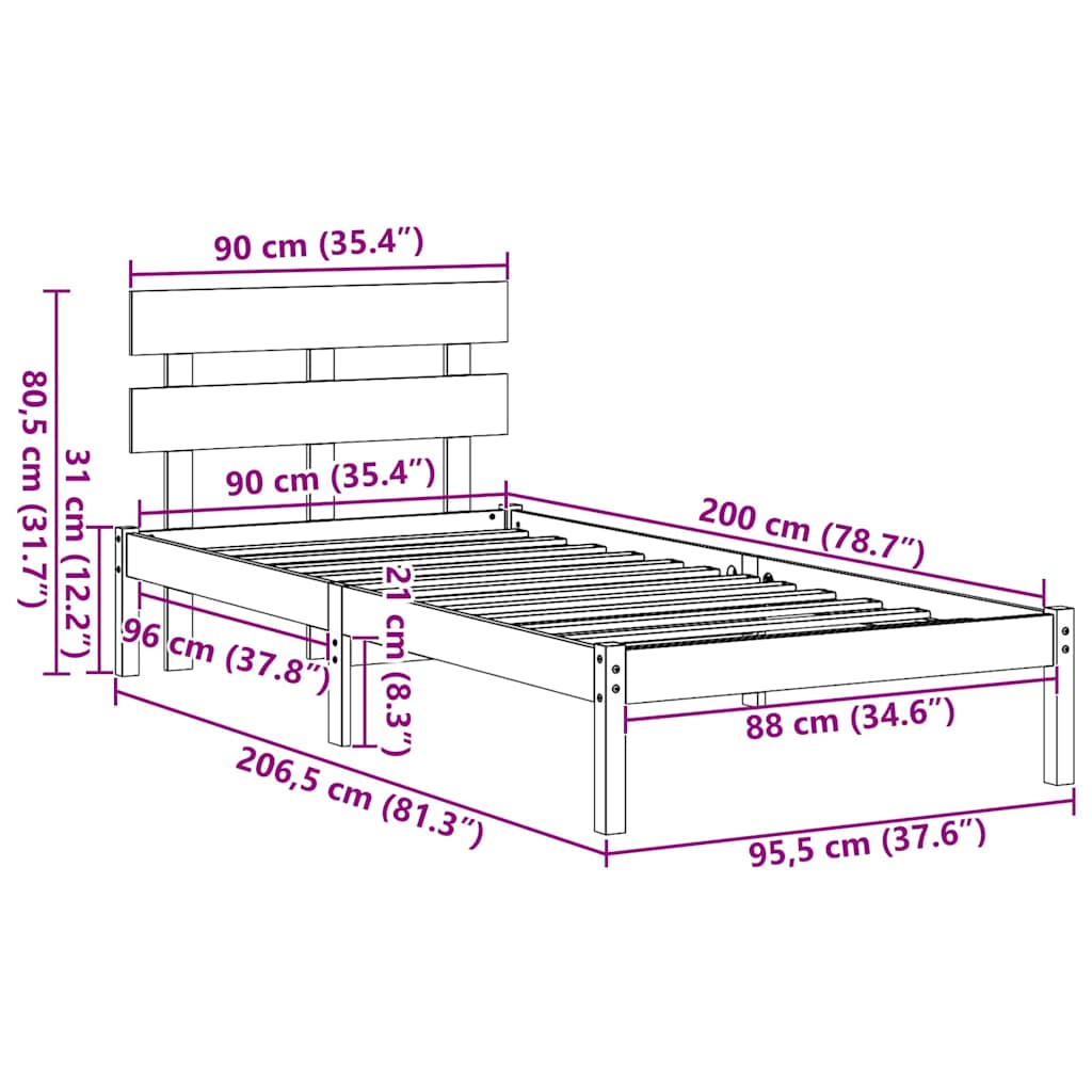 Bettgestell mit Kopfteil Braun 90 x 200 cm Massivholz Kiefer