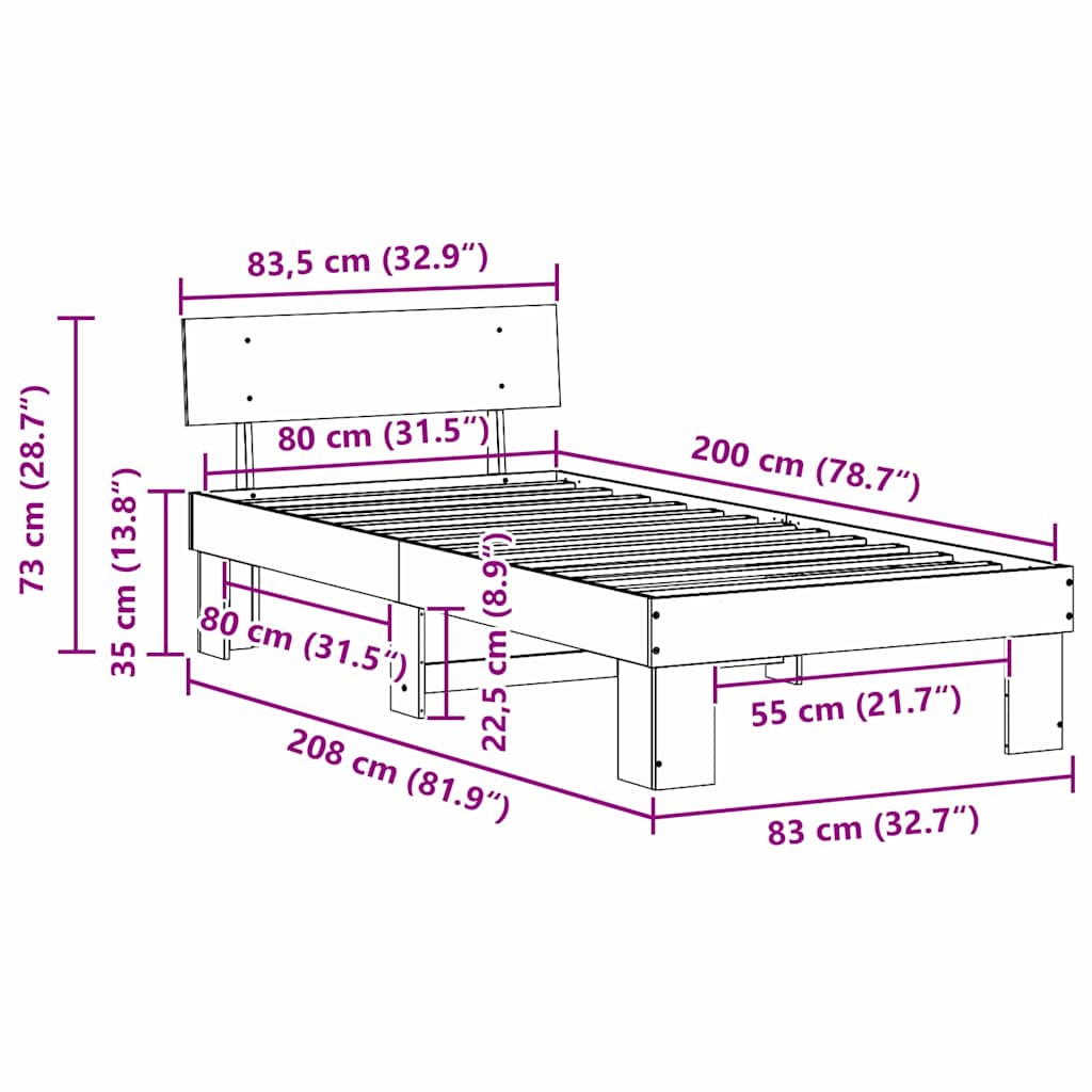 Bettrahmen Wachsbraun 80 x 200 cm Massives Kiefernholz