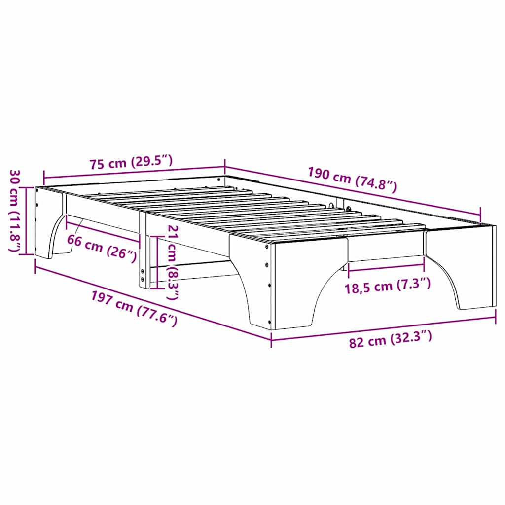 Bettrahmen Wachsbraun 75 x 190 cm Massives Kiefernholz