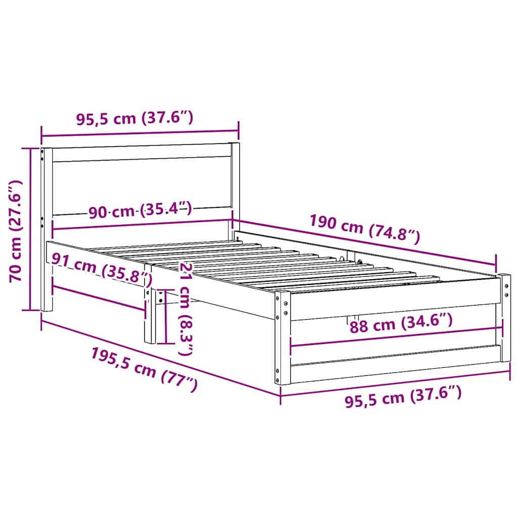 Bettrahmen Wachsbraun 90 x 190 cm Massives Kiefernholz