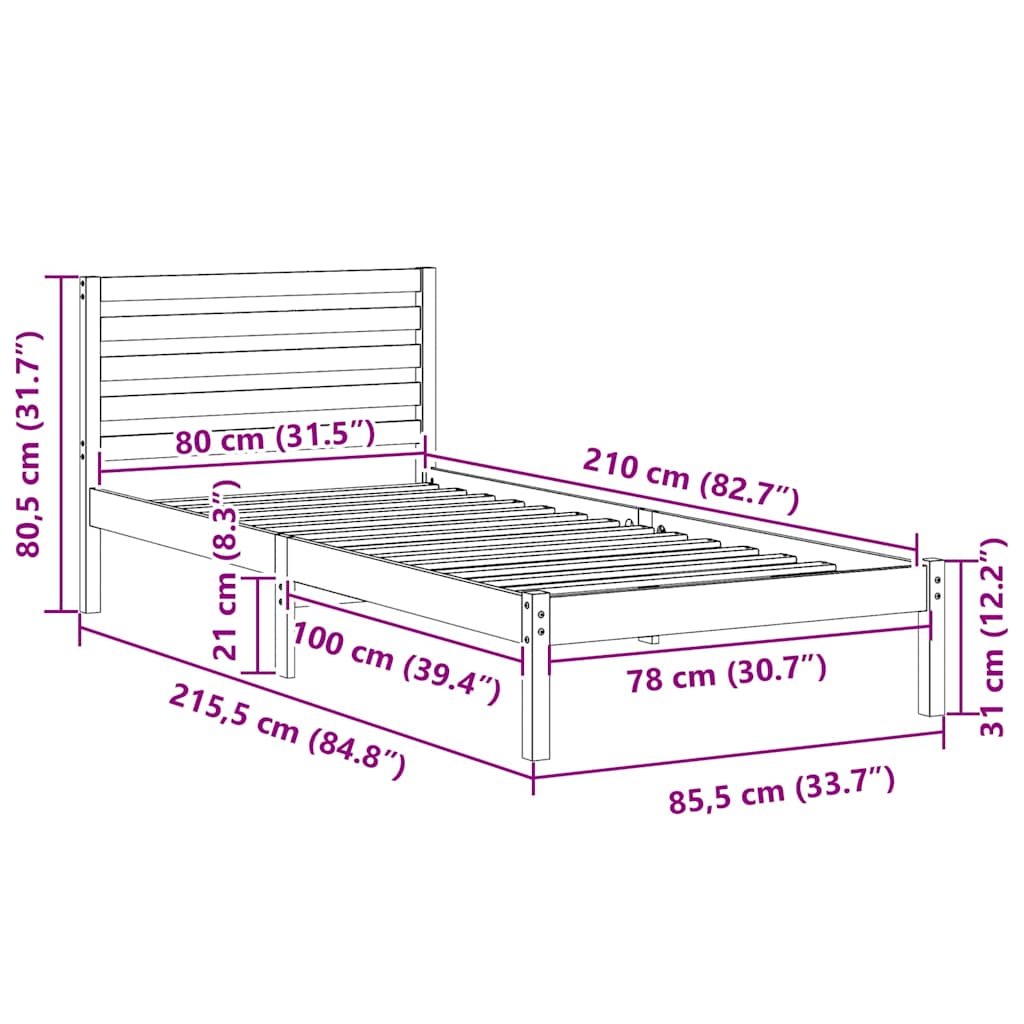 Bettrahmen Wachsbraun 80 x 210 cm Massives Kiefernholz