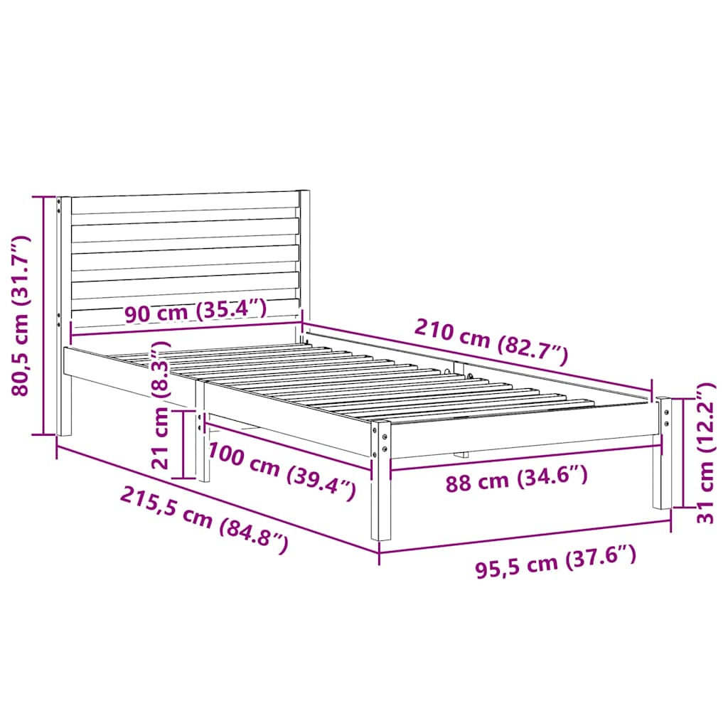 Bettrahmen Wachsbraun 90 x 210 cm Massives Kiefernholz