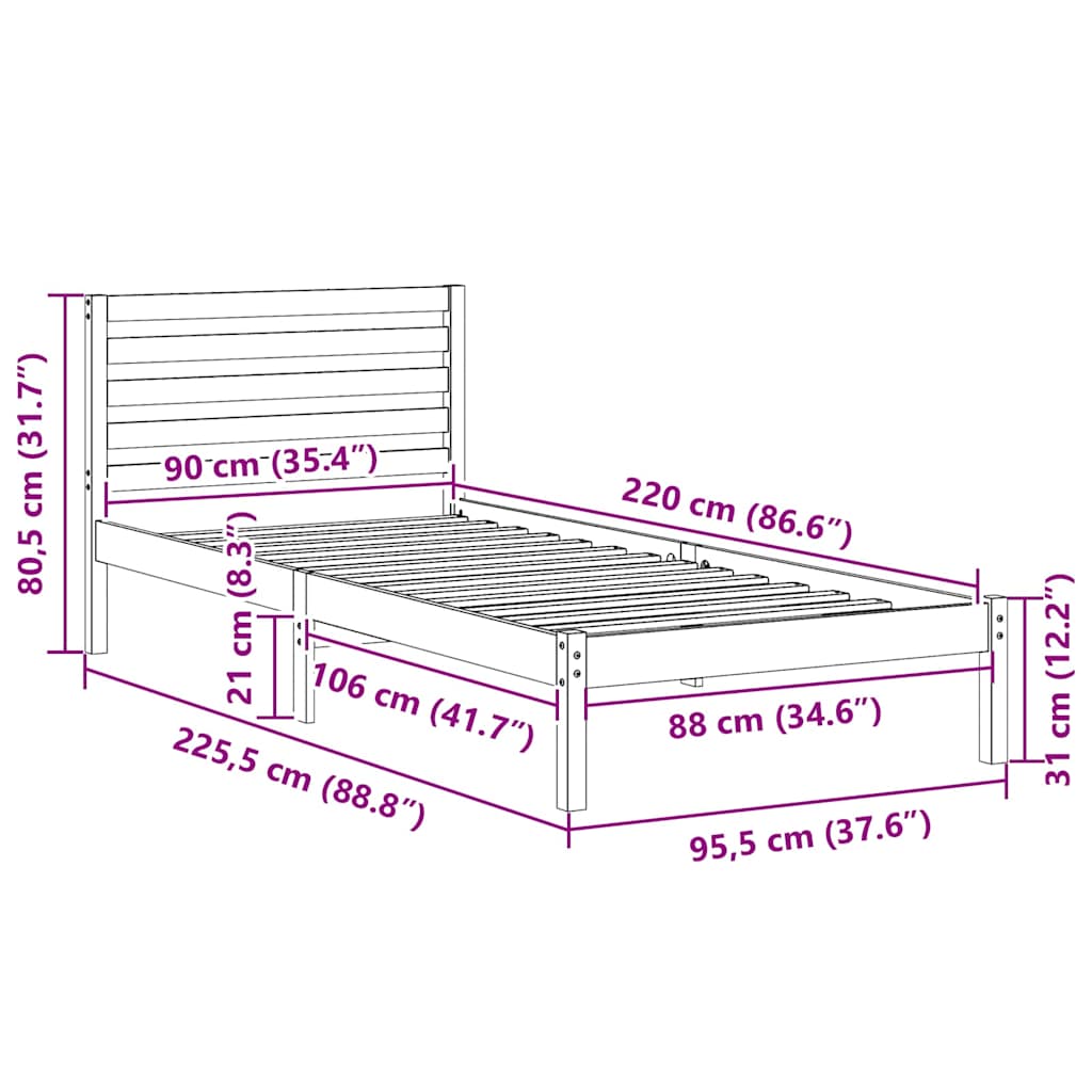 Bettrahmen Wachsbraun 90 x 220 cm Massives Kiefernholz
