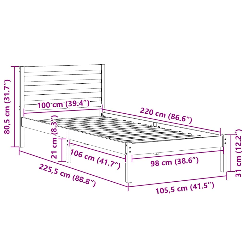 Bettrahmen mit Kopfteil Braun 100 x 220 cm Massives Kiefernholz