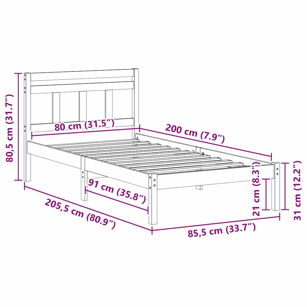Bettrahmen Braun 80 x 200 cm Massives Kiefernholz