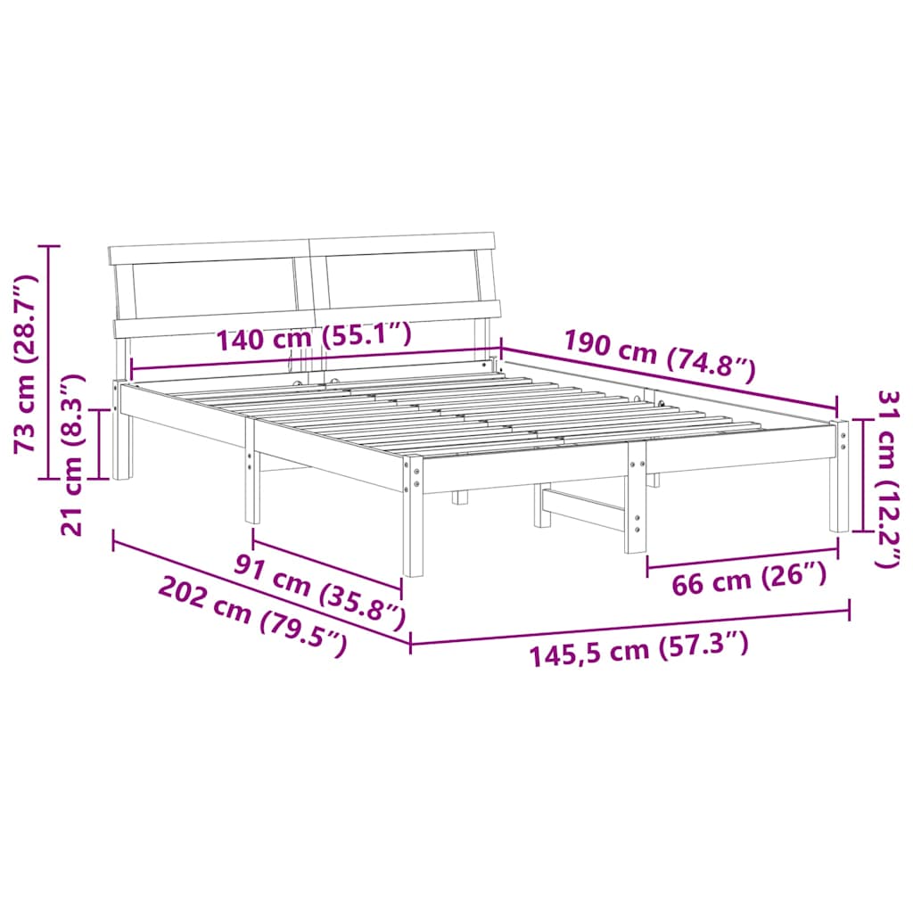 Bettrahmen Wachsbraun 140 x 190 cm Massives Kiefernholz