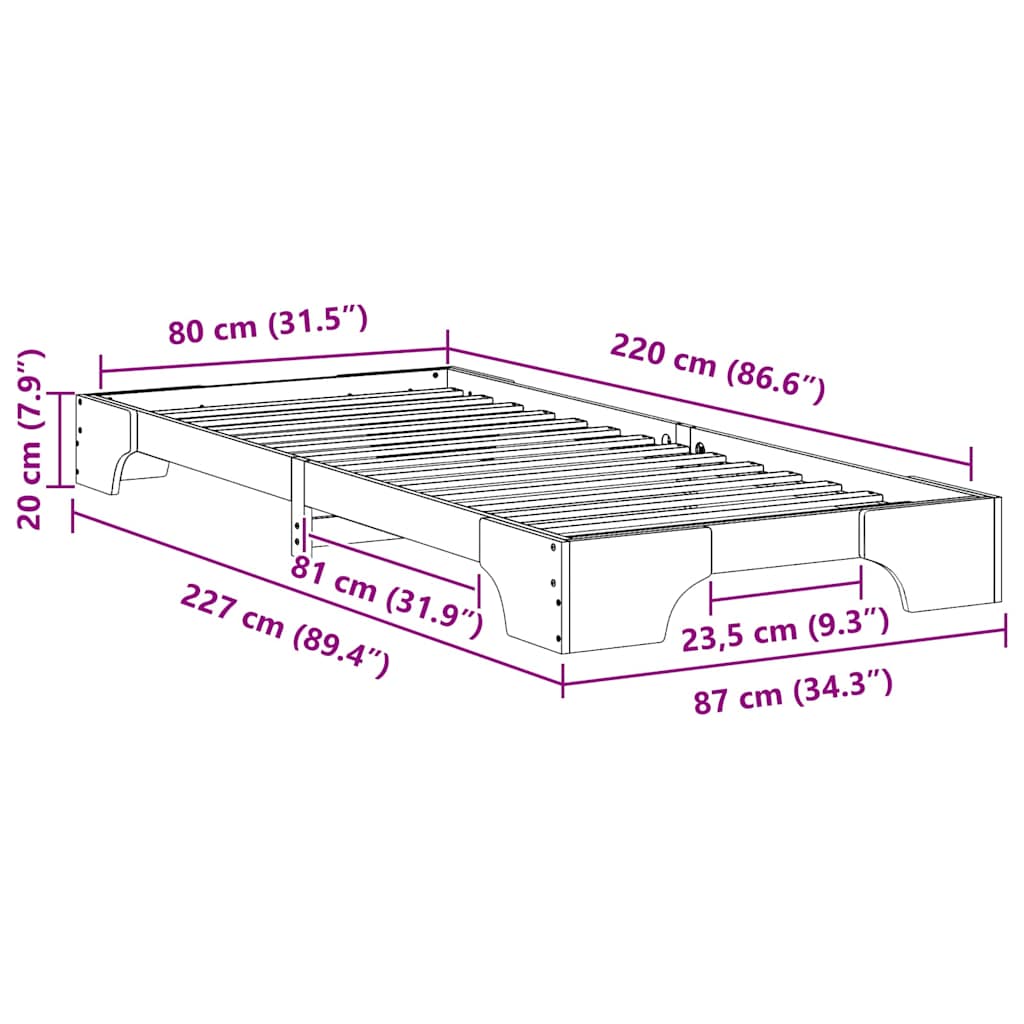 Bettrahmen Weiß 80 x 220 cm Massives Kiefernholz