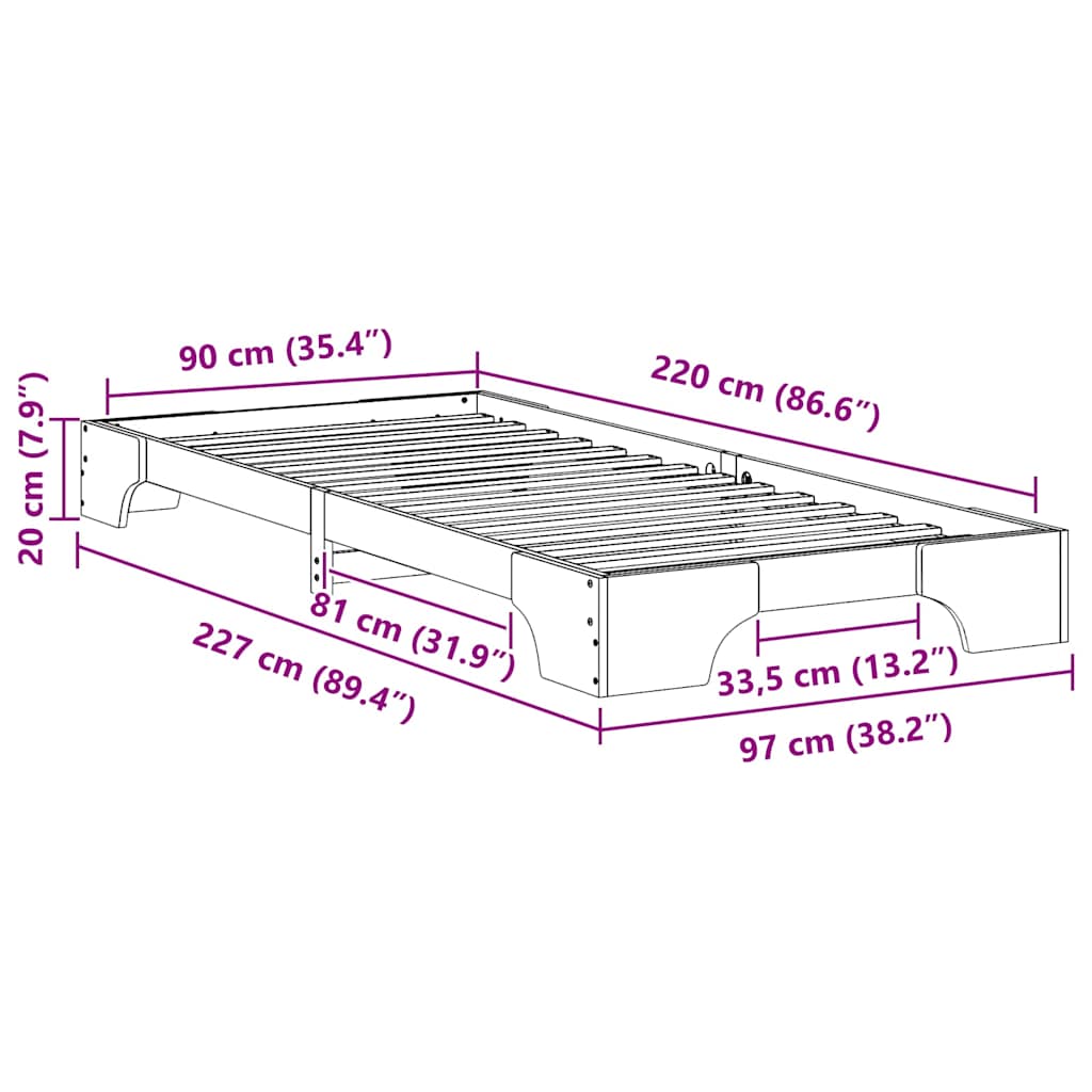 Bettrahmen Braun 90 x 220 cm Massives Kiefernholz