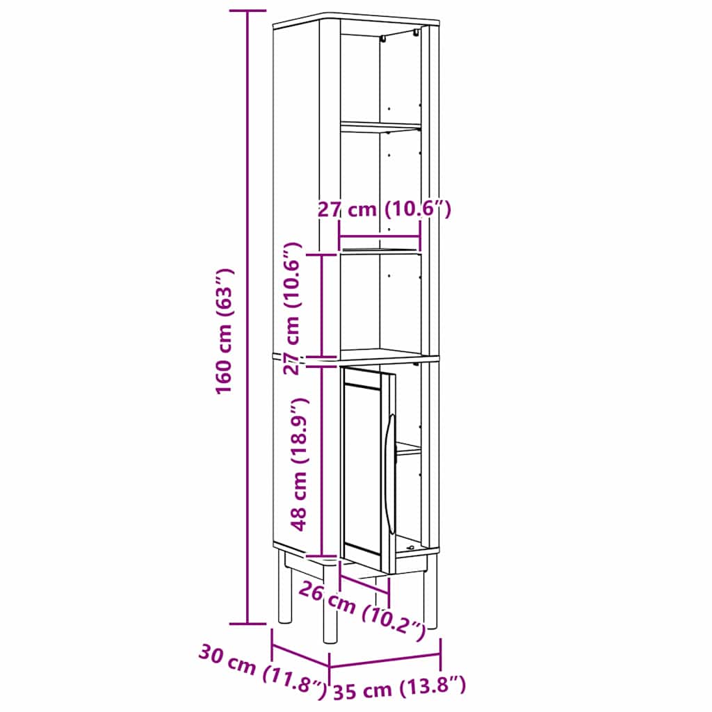 Bad hoher Schrank FLORO Weiß 35 x 30 x 160 cm Massivholz Kiefer