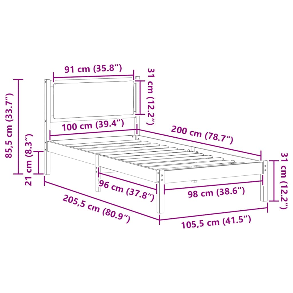 Bettrahmen Schwarz 100 x 200 cm Massives Kiefernholz