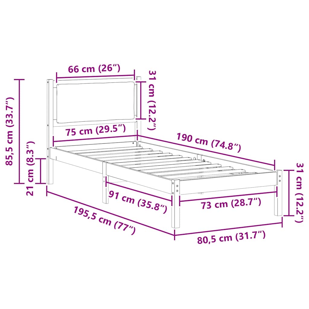 Bettrahmen Dunkelgrau 80 x 190 cm Massives Kiefernholz