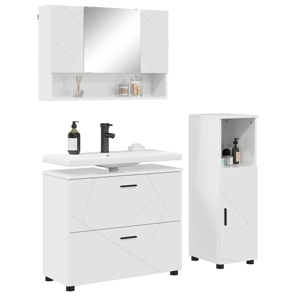 Badezimmermöbel-Set 3 pcs Hochglanz Weiß Sperrholz und Metall
