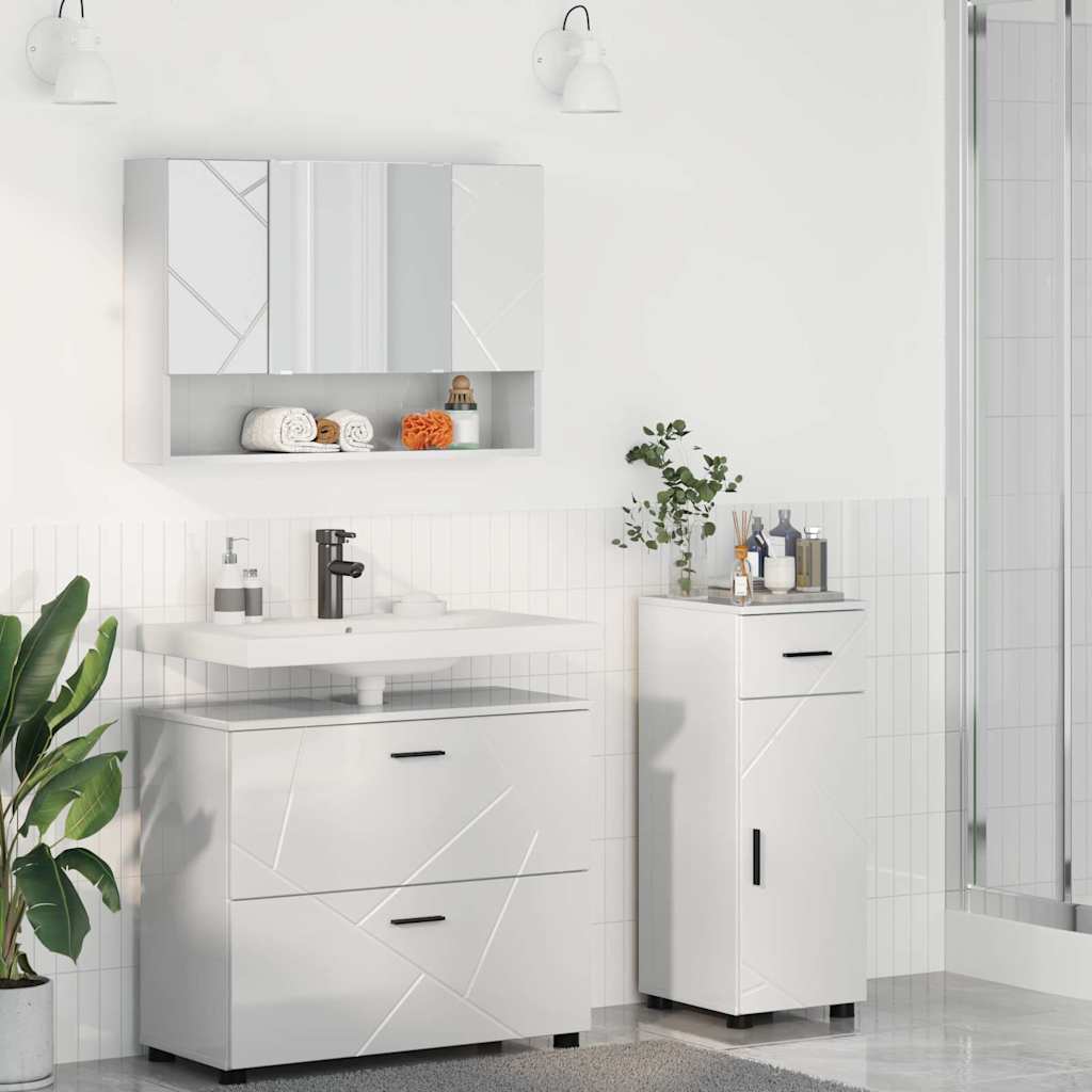 Badezimmermöbel-Set 3 pcs Hochglanz Weiß Sperrholz und Metall