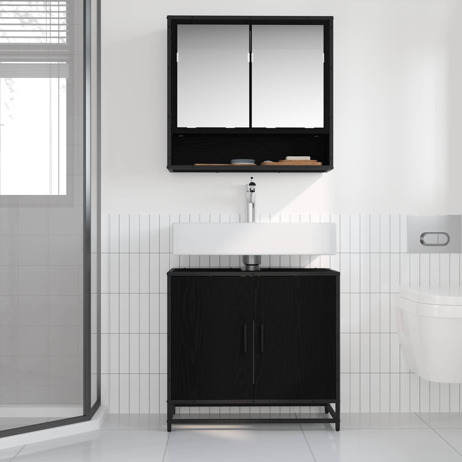 Waschbeckenschrank mit Tür Schwarz Eichen-Optik 65 x 33 x 60 cm