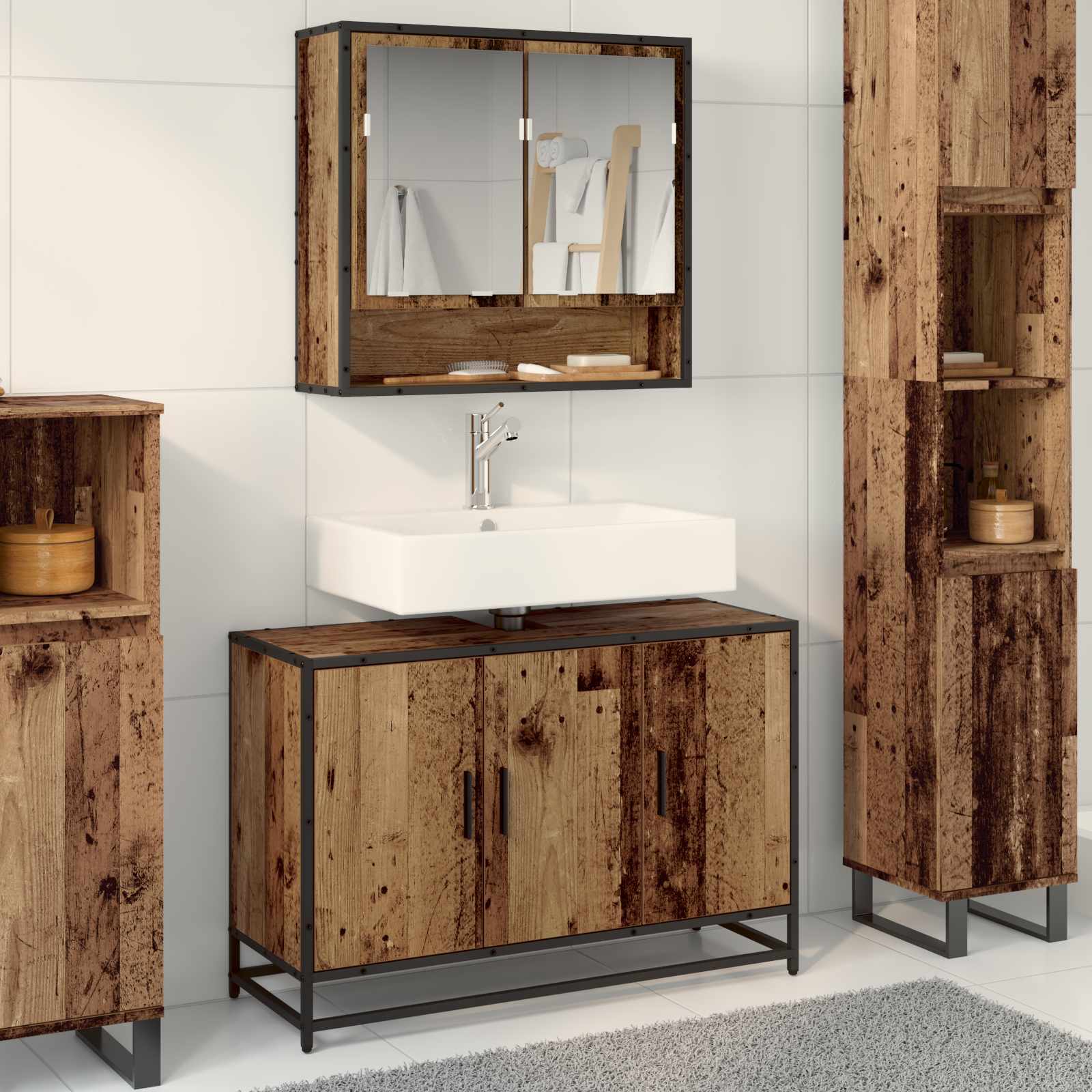 Badezimmerschrank mit Tür Altholz 90 x 33 x 60 cm Holzwerkstoff