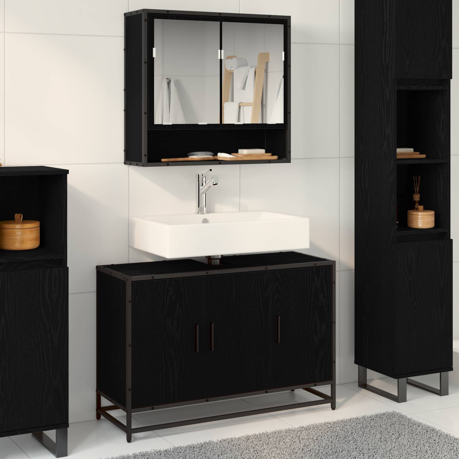 Badezimmerschrank mit Tür Schwarz Eichen-Optik 90 x 33 x 60 cm