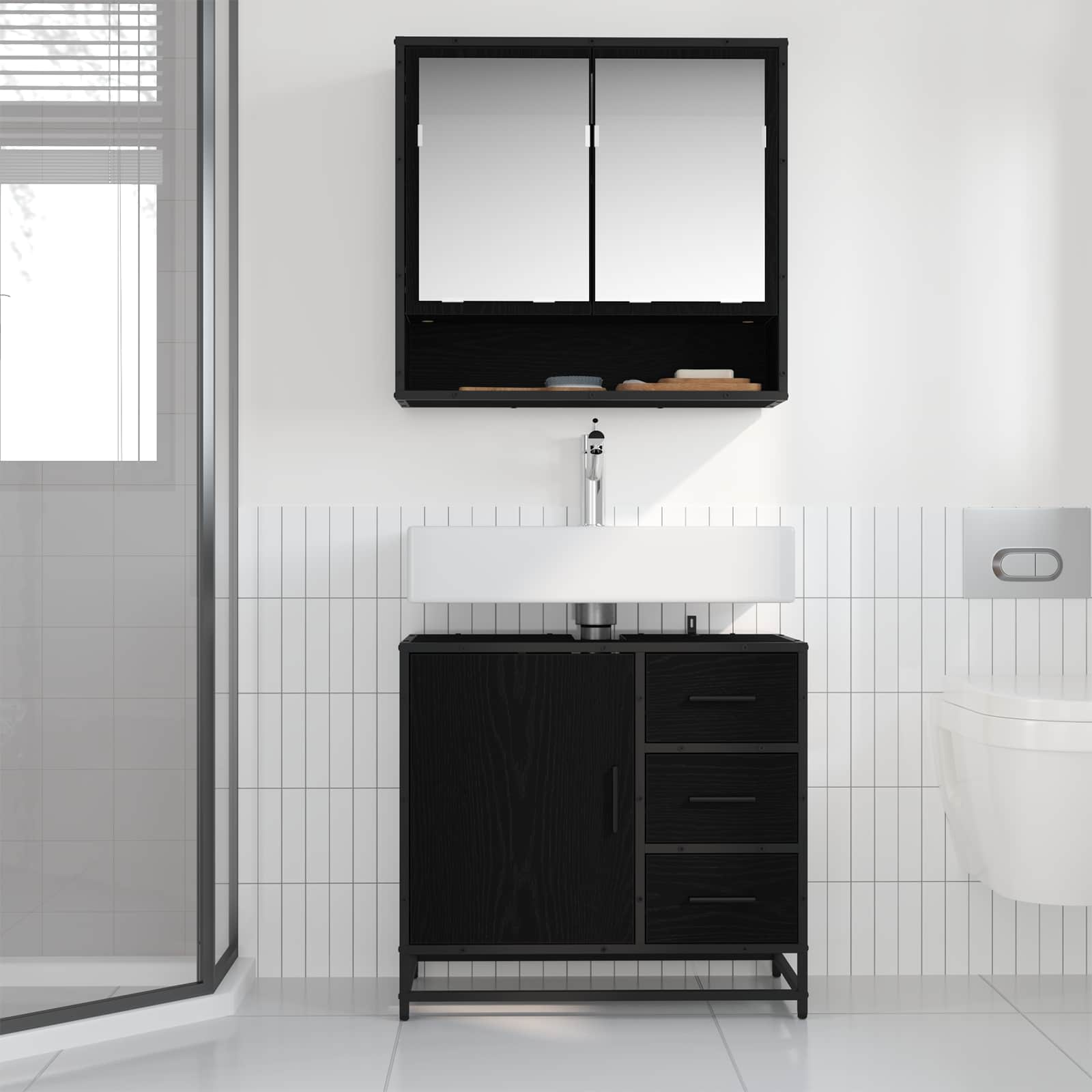 Badezimmerschrank mit Tür Schwarz Eichen-Optik 65 x 33 x 60 cm
