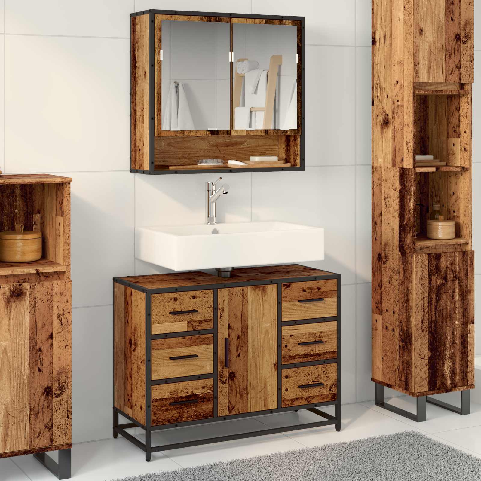 Badezimmerschrank mit Tür Altholz 80 x 33 x 60 cm Holzwerkstoff