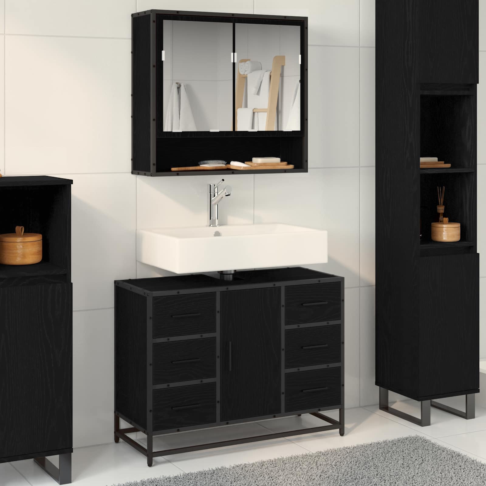 Badezimmerschrank mit Tür Schwarz Eichen-Optik 80 x 33 x 60 cm