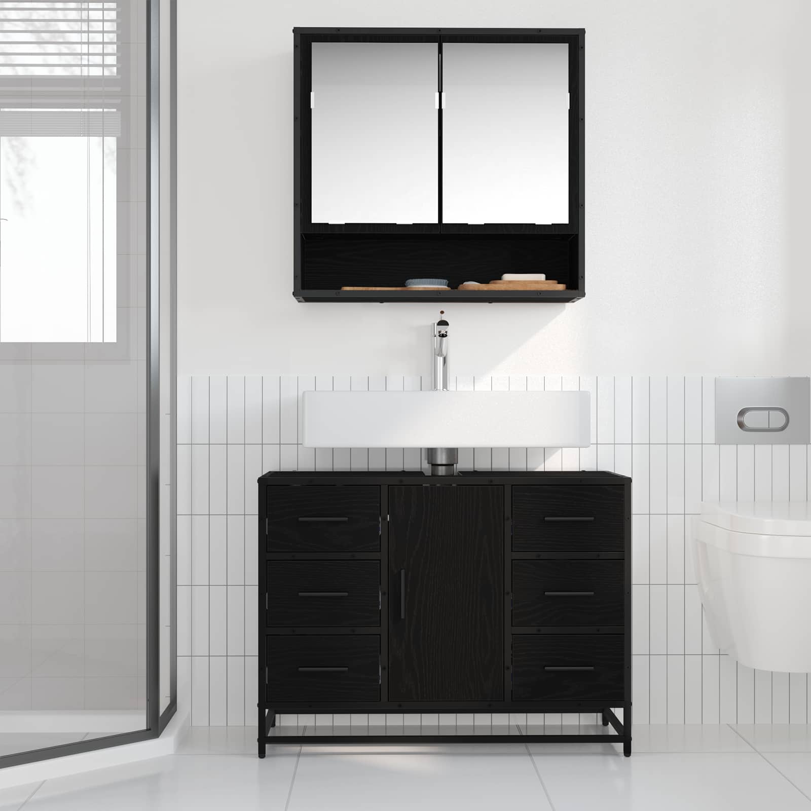 Badezimmerschrank mit Tür Schwarz Eichen-Optik 80 x 33 x 60 cm