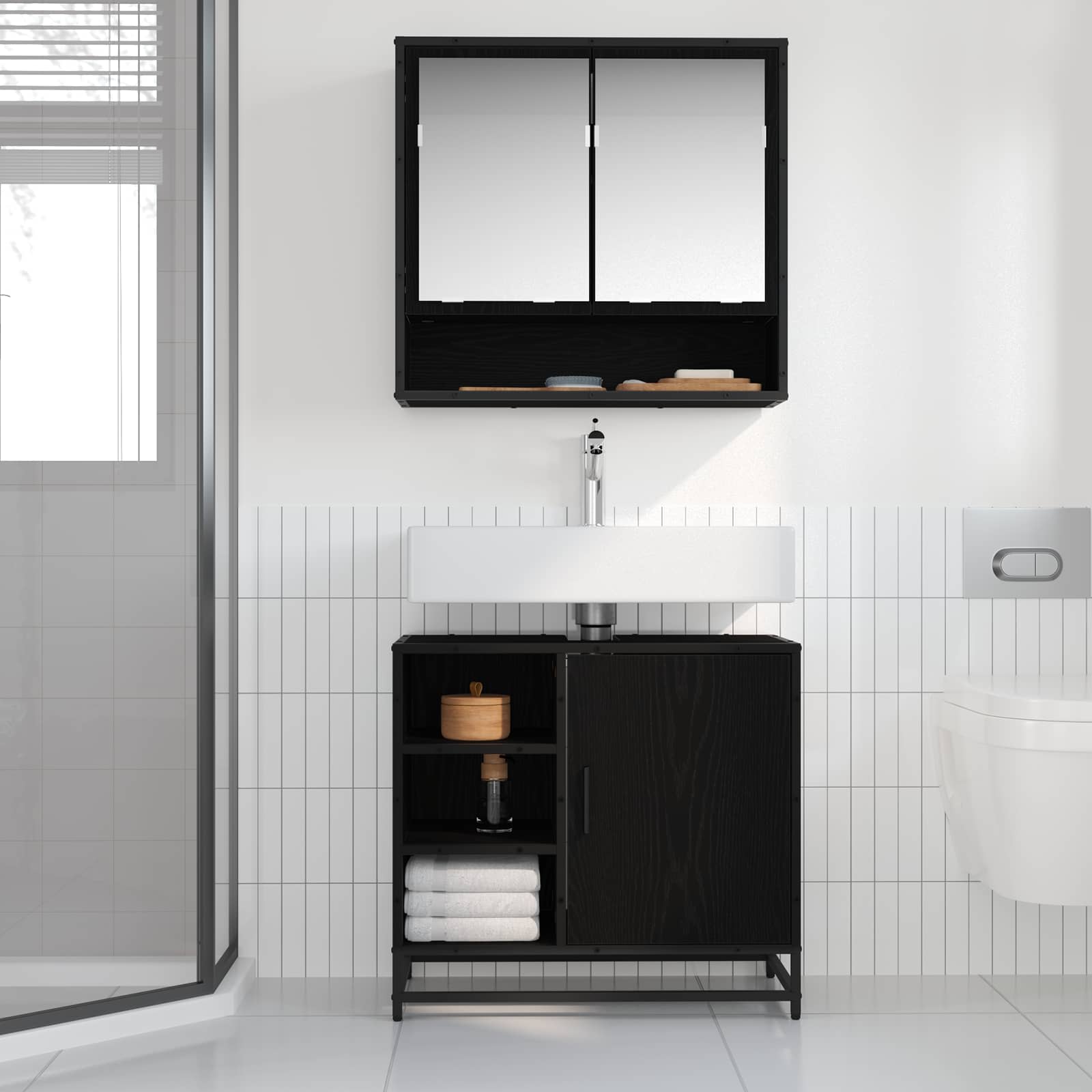 Badezimmerschrank mit Tür Schwarz Eichen-Optik 65 x 33 x 60 cm