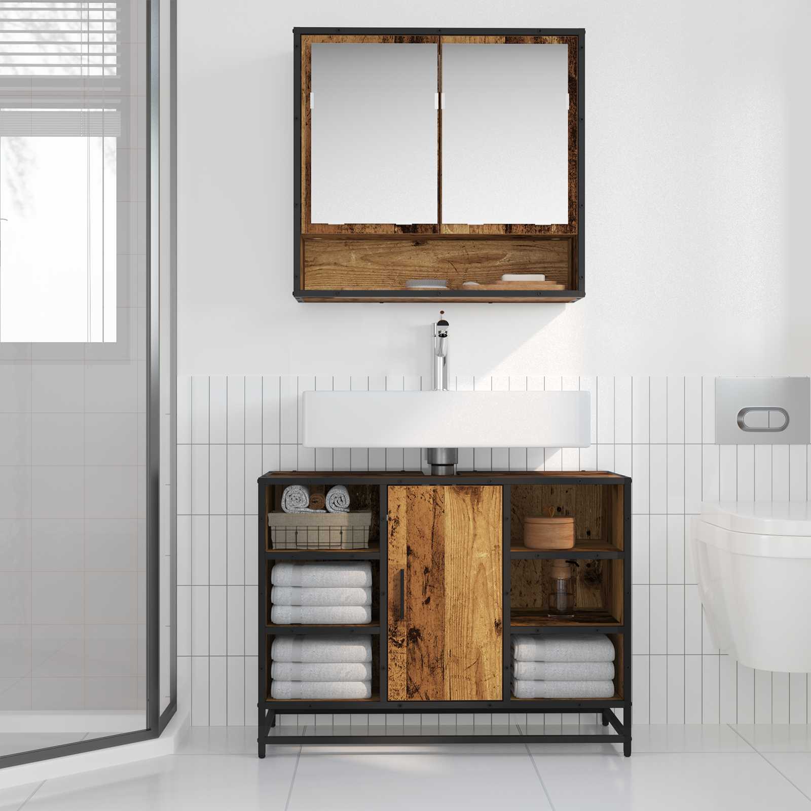Badezimmerschrank mit Tür Altholz 80 x 33 x 60 cm Holzwerkstoff