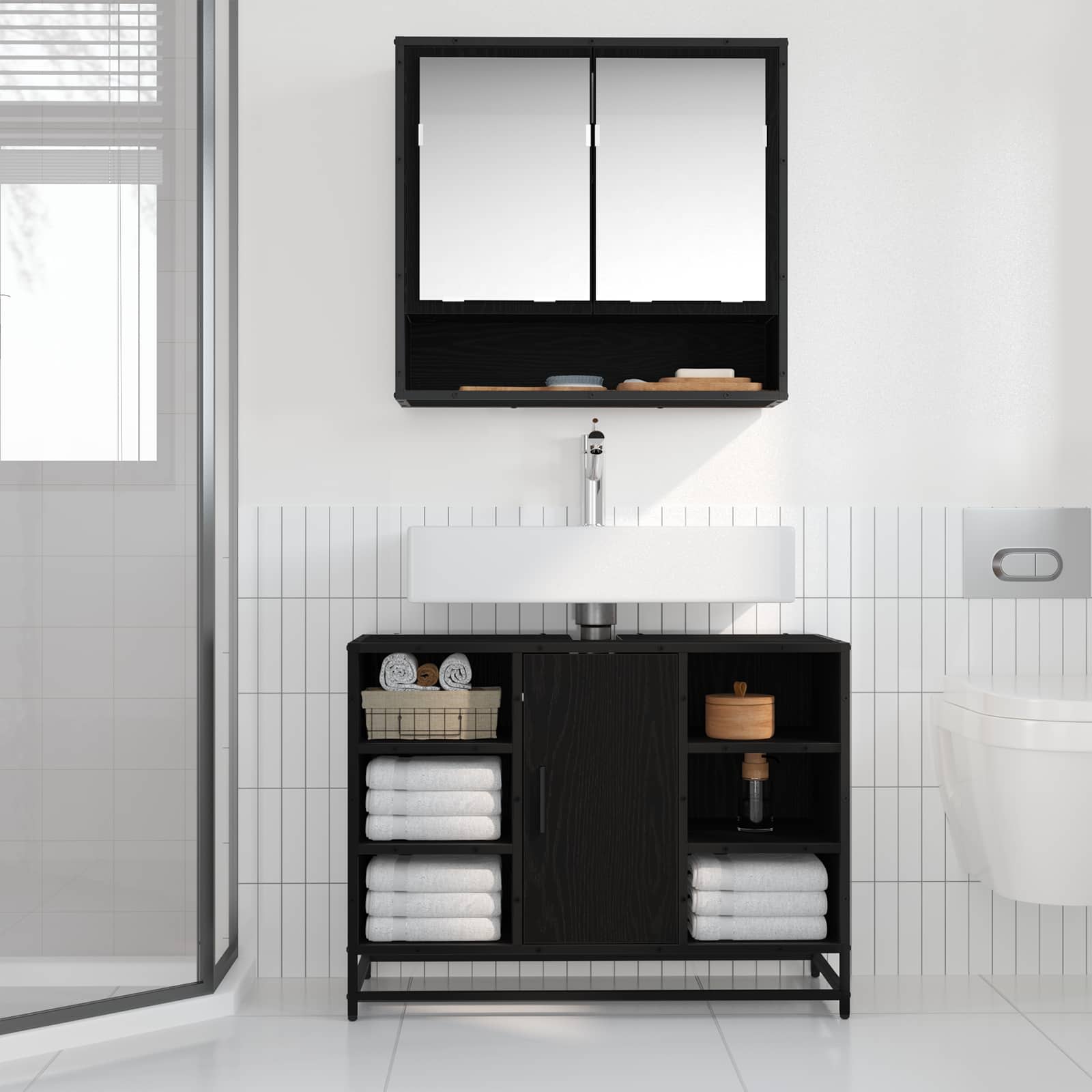 Badezimmerschrank mit Tür Schwarz Eichen-Optik 80 x 33 x 60 cm