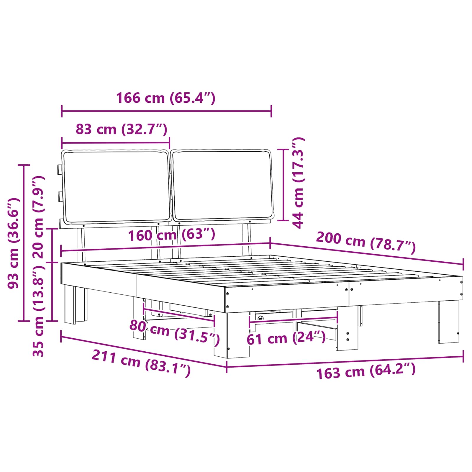 Bettgestell mit gepolstertem Kopfteil Schwarz 160 x 200 cm