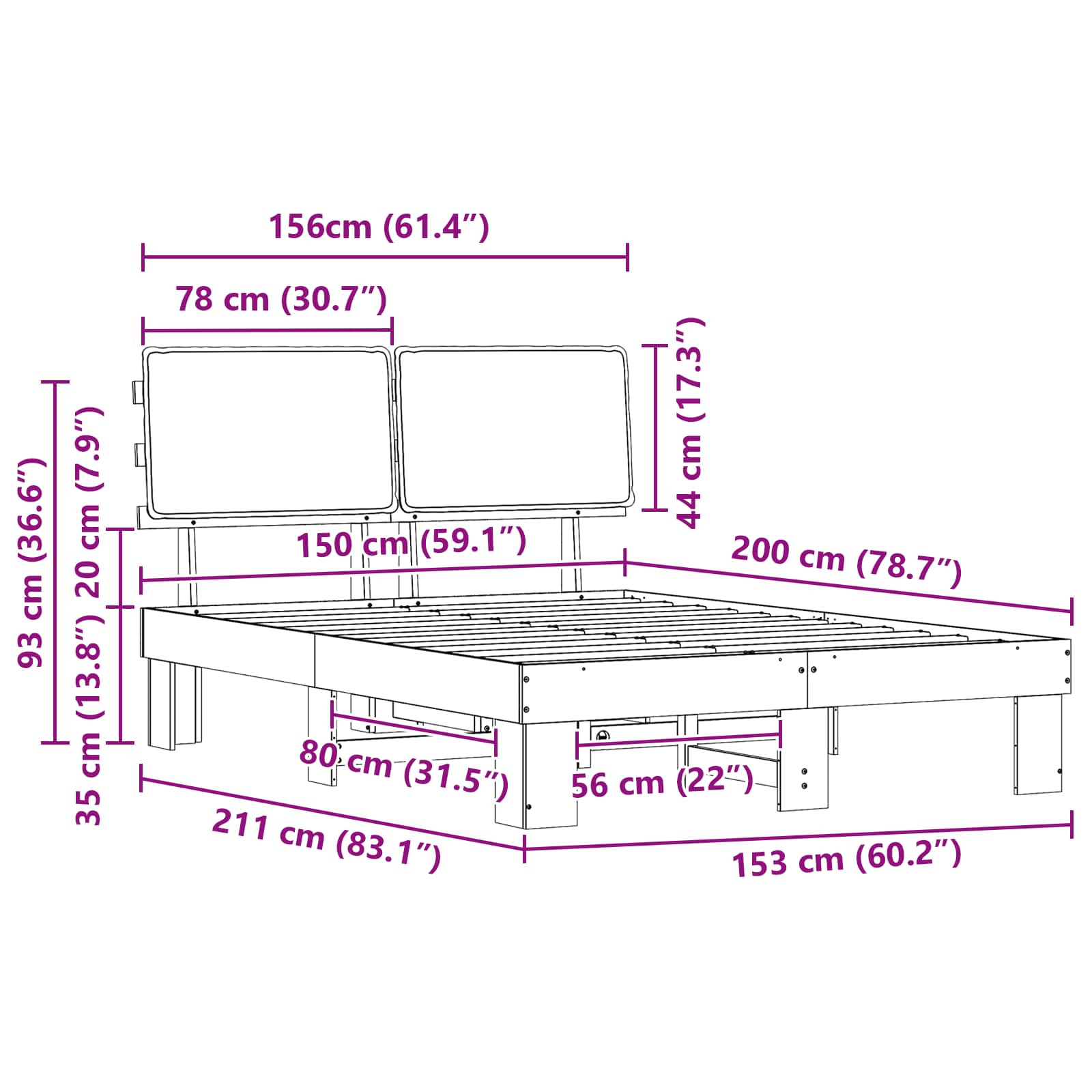 Bettgestell mit gepolstertem Kopfteil Schwarz 150 x 200 cm