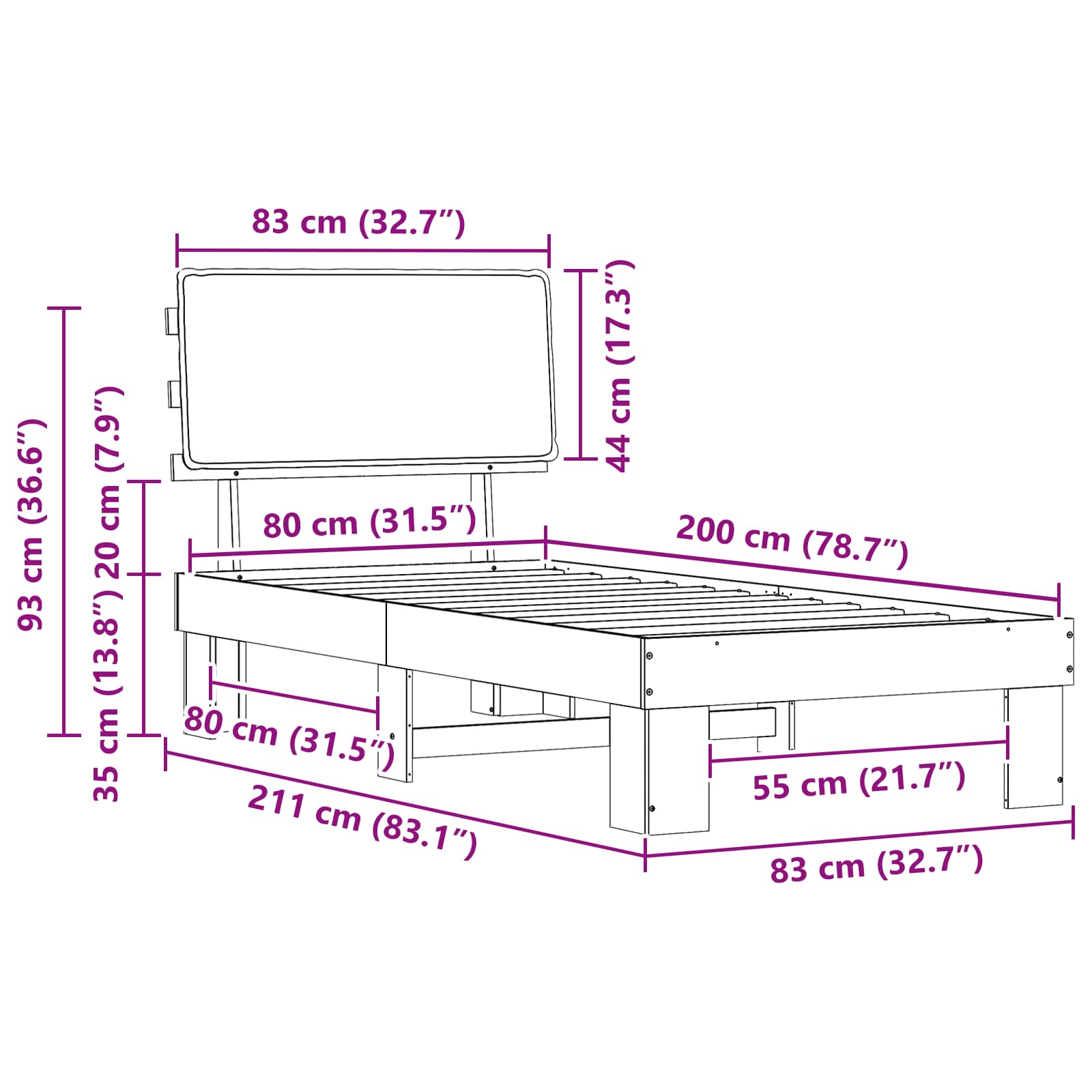 Bettgestell mit gepolstertem Kopfteil Dunkelgrau 80 x 200 cm