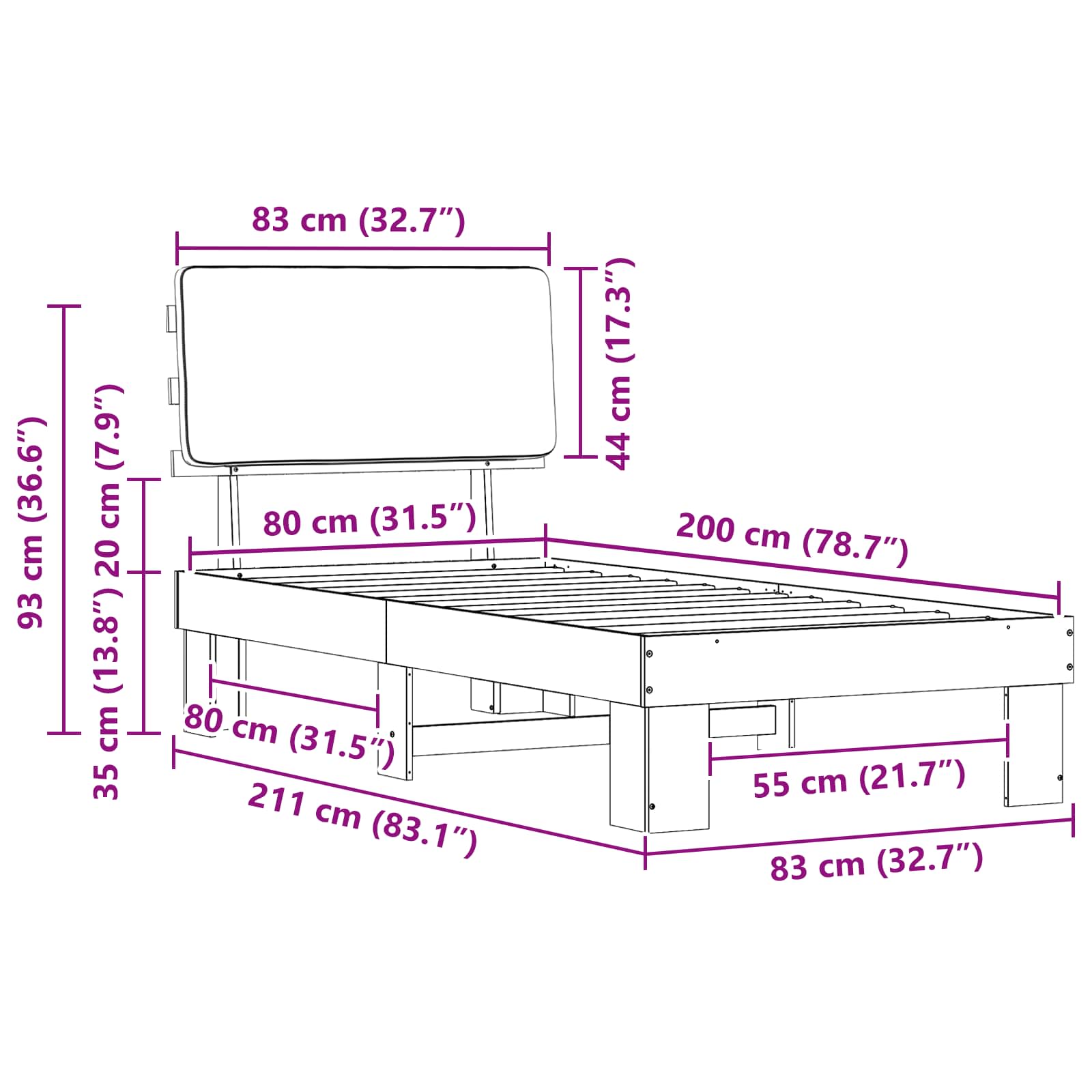 Bettgestell mit gepolstertem Kopfteil Schwarz 80 x 200 cm
