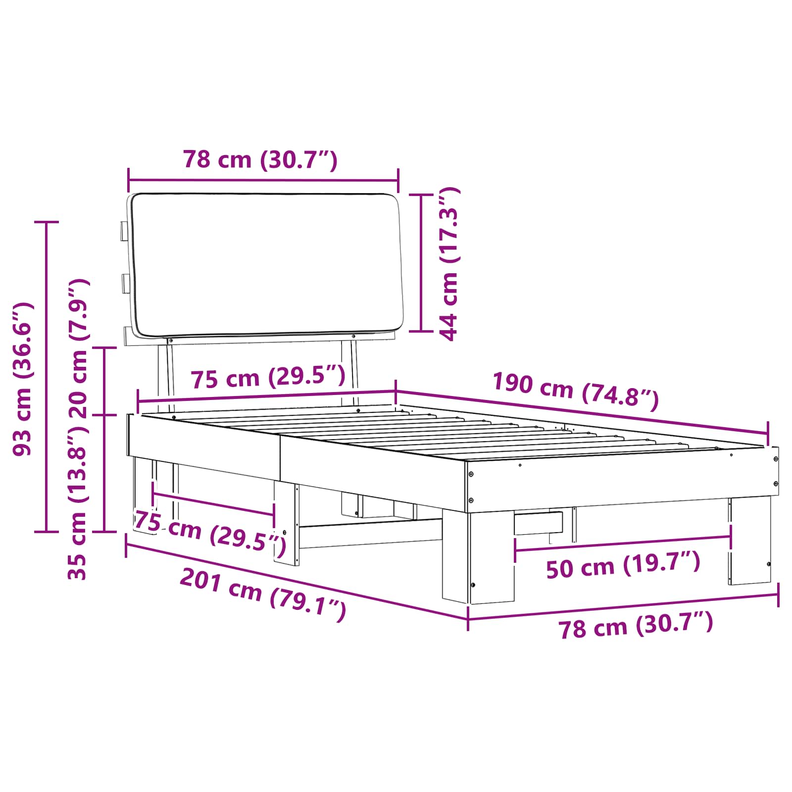 Bettgestell mit gepolstertem Kopfteil Hellgrau 75 x 190 cm
