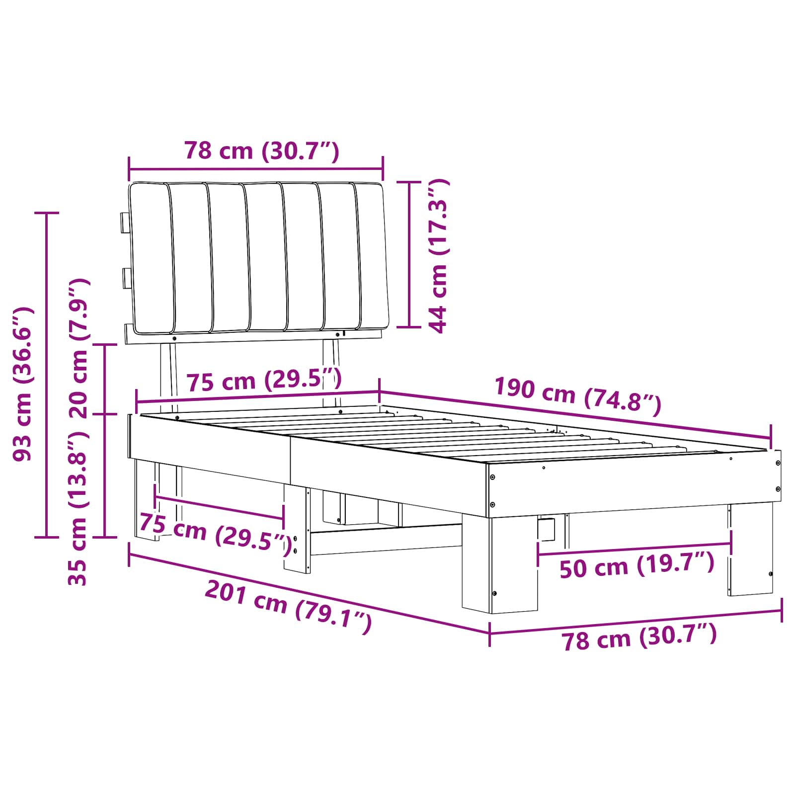 Bettgestell mit gepolstertem Kopfteil Hellgrau 75 x 190 cm